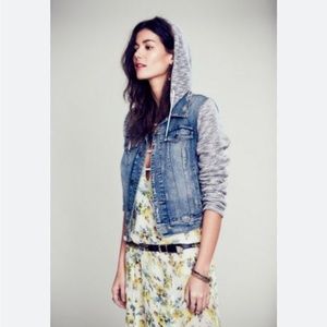 Free People Knit Hooded Denim Jean Jacket Distressed Grey Size Small